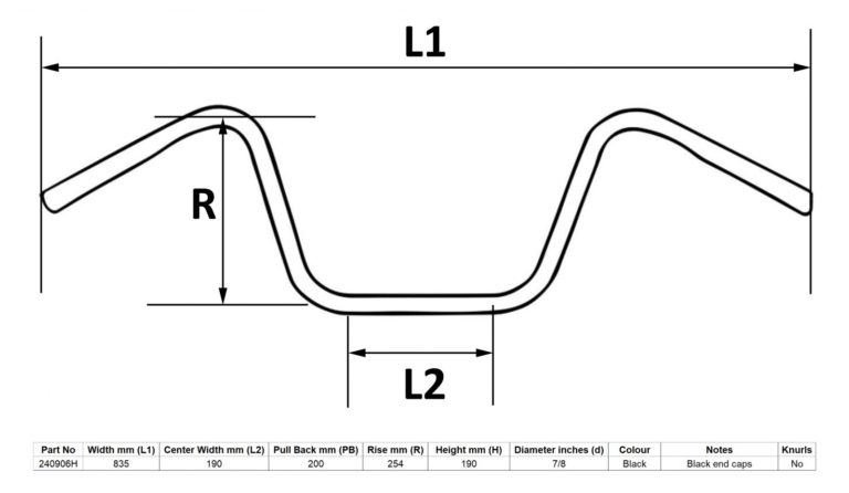 MPS Handlebar 7/8” Black 10” Rise Wide Bottom for Motorbikes