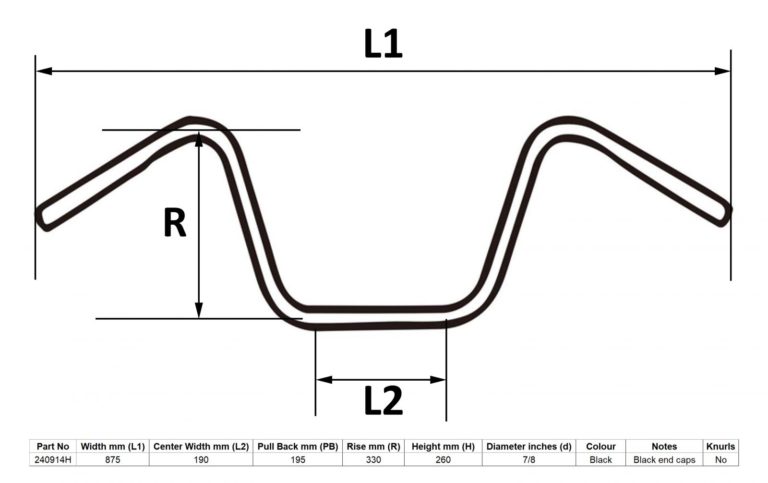 MPS Handlebar 7/8” Black 13” Rise Wide Bottom for Motorbikes